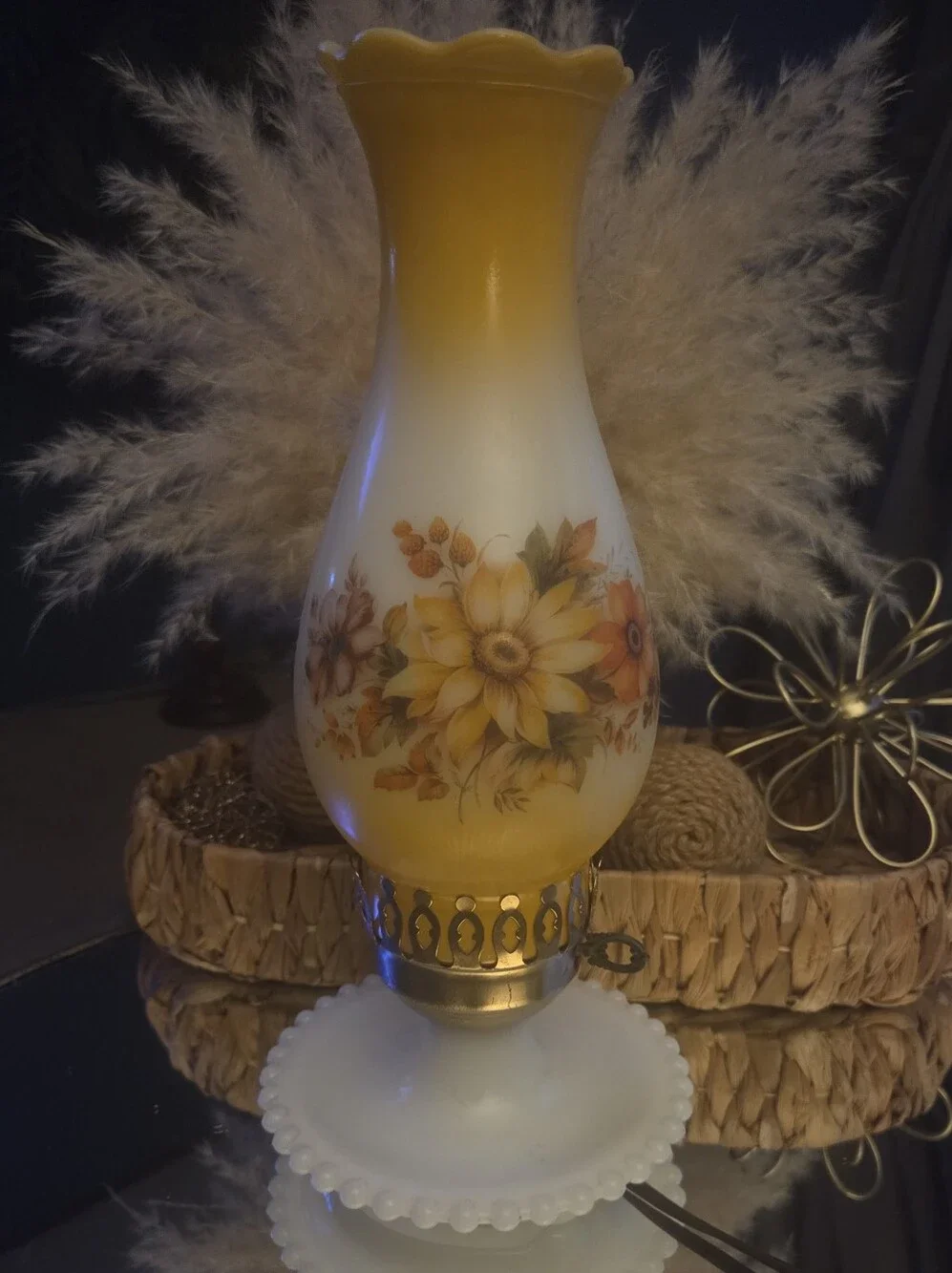 Vintage 70s Hand Painted Milk Glass Electric Hurricane Table | Boudoir Lamp